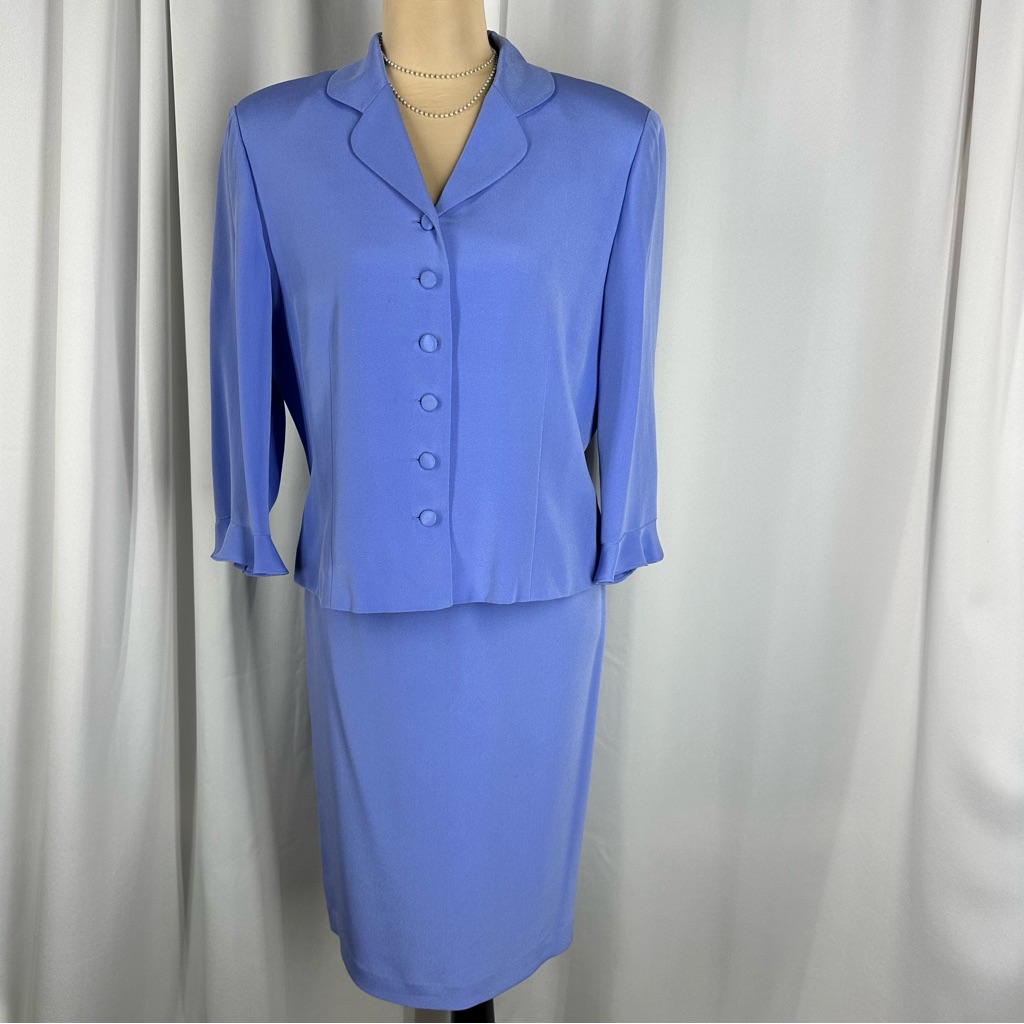 Maggy London 100% Silk 2-Piece Sz 12 Skirt Suit Periwinkle Lined Mob Formal